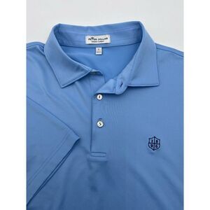 PETER MILLAR Summer Comfort L Large Polo Golf Shirt Light Blue Solid w/ Logos‎
